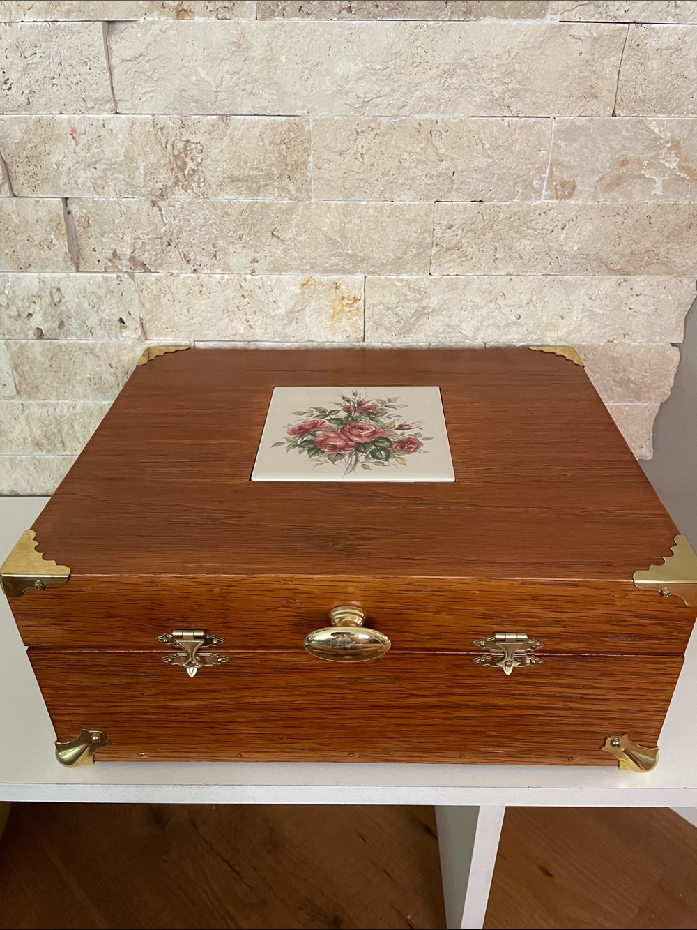 Classic OWooden Jewelry Box with Floral Tile Accent and Blue Felt Interior
